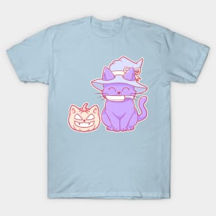 Cute Pastel Halloween Kawaii Cat Pumpkin With Knife and Witch Hat T-Shirt